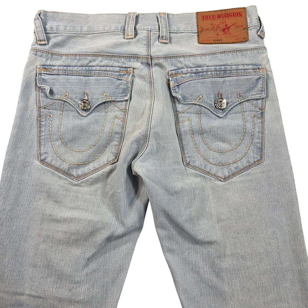 True Religion Bobby Jeans Mens 34 Blue Straight Leg Distressed Light Wash USA